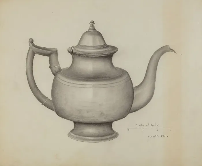 Framed Print : Pewter Teapot, c. 1936. Creator: Samuel O. Klein Framed Print : Pewter Teapot, c. 1936. Creator: Samuel O. Klein