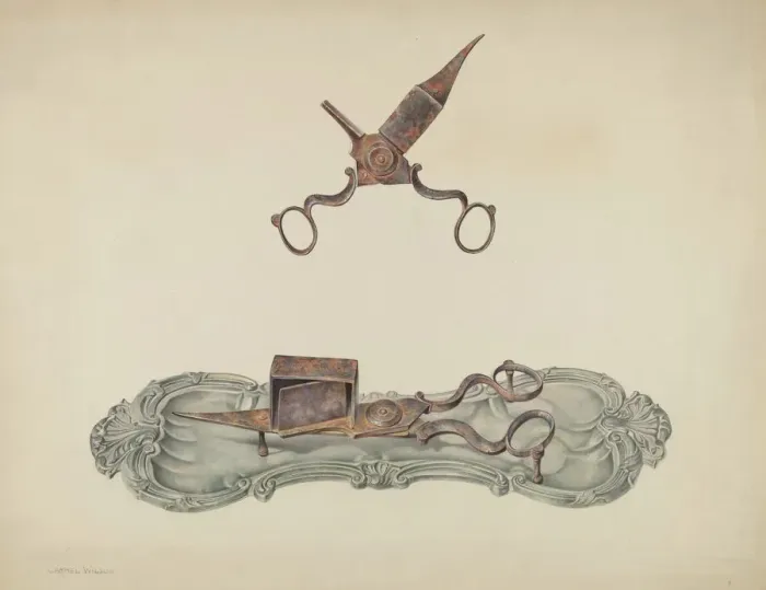 Framed Print : Pewter Tray and Snuffers, c. 1938. Creator: Carmel Wilson Framed Print : Pewter Tray and Snuffers, c. 1938. Creator: Carmel Wilson