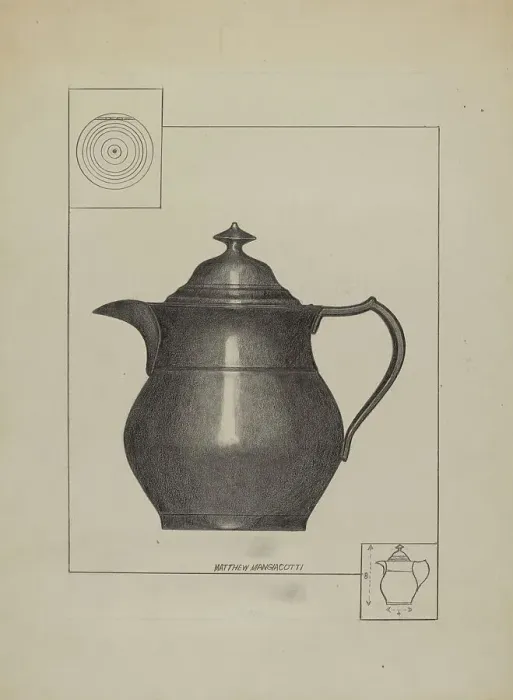 Framed Print : Pewter Water Pitcher, c. 1936. Creator: Matthew Mangiacotti Framed Print : Pewter Water Pitcher, c. 1936. Creator: Matthew Mangiacotti