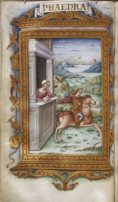 Framed Print : Phaedra gazing on Hippolytus (Illustration for The Heroides by Ovid), 1485-1499. Artist: Majorana, Cristoforo (active ca. 1480-1494) Framed Print : Phaedra gazing on Hippolytus (Illustration for The Heroides by Ovid), 1485-1499. Artist: Majorana, Cristoforo (active ca. 1480-1494)