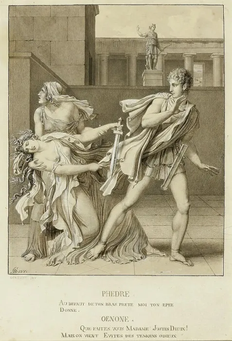 Framed Print : Phaedre, Having Declared Her Passion, Attempts to Kill Herself with the Sword of Hippolytus, c1801. Creator: Girodet de Roucy-Trioson Framed Print : Phaedre, Having Declared Her Passion, Attempts to Kill Herself with the Sword of Hippolytus, c1801. Creator: Girodet de Roucy-Trioson