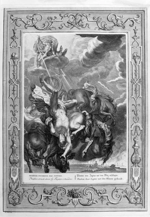 Framed Print : Phaeton struck down by Jupiters thunderbolt, 1733. Artist: Bernard Picart Framed Print : Phaeton struck down by Jupiters thunderbolt, 1733. Artist: Bernard Picart