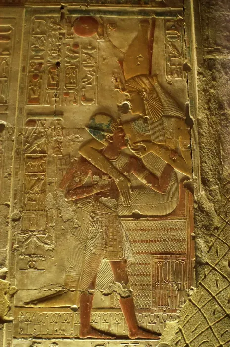 Framed Print : The Pharaoh being breastfed, Temple of Seti I, Abydos, Egypt, New Kingdom, 19th Dynasty (2003). Creator: LTL
