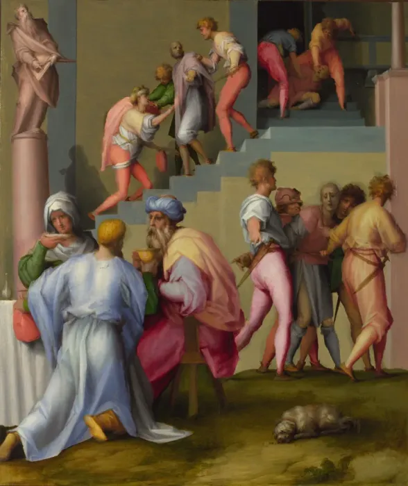 Framed Print : Pharaoh with his Butler and Baker (from Scenes from the Story of Joseph), ca 1515. Artist: Pontormo (1494-1557) Framed Print : Pharaoh with his Butler and Baker (from Scenes from the Story of Joseph), ca 1515. Artist: Pontormo (1494-1557)