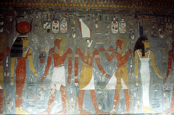 Pharaoh Horemheb with the goddess Isis and the god Horus, Ancient Egyptian, 14th century BC