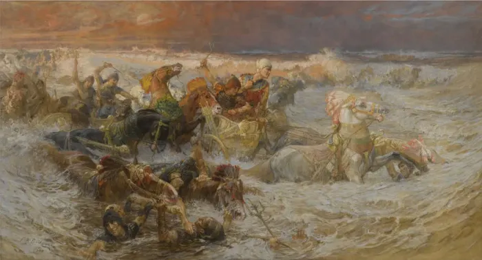 Framed Print : Pharaohs Army Engulfed by the Red Sea. Artist: Bridgman, Frederick Arthur (1847-1928) Framed Print : Pharaohs Army Engulfed by the Red Sea. Artist: Bridgman, Frederick Arthur (1847-1928)