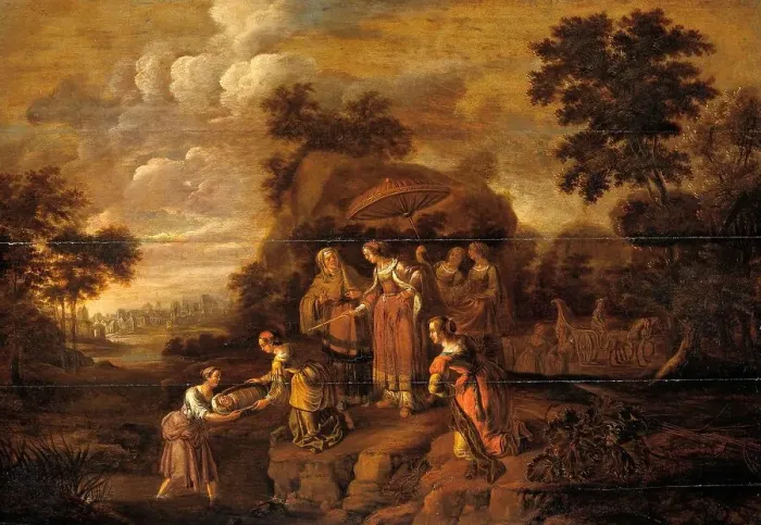 Framed Print : Pharaoh's Daughter Discovers Moses in the Rush Basket, c.1615-c.1630. Creator: Guilliam Dujardin Framed Print : Pharaoh's Daughter Discovers Moses in the Rush Basket, c.1615-c.1630. Creator: Guilliam Dujardin