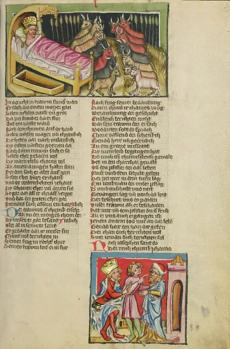 Framed Print : Pharaoh's Dream; Joseph Interpreting Pharaoh's Dream; Weltchronik, about 1400-1410. Creator: Unknown Framed Print : Pharaoh's Dream; Joseph Interpreting Pharaoh's Dream; Weltchronik, about 1400-1410. Creator: Unknown