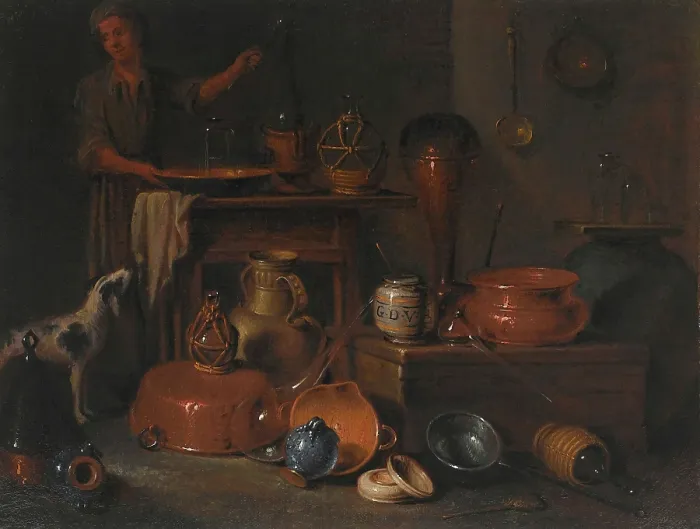 Framed Print : Pharmaceutical vessels: still life with a man and a dog. Creator: Giovan Domenico Valentino Framed Print : Pharmaceutical vessels: still life with a man and a dog. Creator: Giovan Domenico Valentino