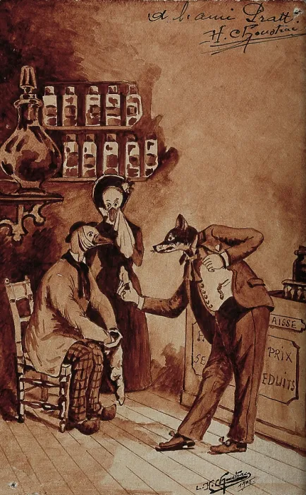 Framed Print : A pharmacy: the pharmacist (a fox) tries to sell medicines to a customer in pain... 1905. Creator: LH Choustrac Framed Print : A pharmacy: the pharmacist (a fox) tries to sell medicines to a customer in pain... 1905. Creator: LH Choustrac