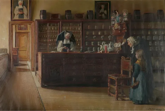 Framed Print : The Pharmacy in the Sint-Janshospitaal in Bruges. Creator: Jules Lambeaux Framed Print : The Pharmacy in the Sint-Janshospitaal in Bruges. Creator: Jules Lambeaux