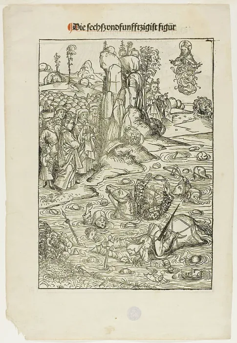 Framed Print : Pharoah and His Host Perishing in the Red Sea (verso); The Freeing of King Joachim... 1491. Creator: Michael Wolgemut Framed Print : Pharoah and His Host Perishing in the Red Sea (verso); The Freeing of King Joachim... 1491. Creator: Michael Wolgemut