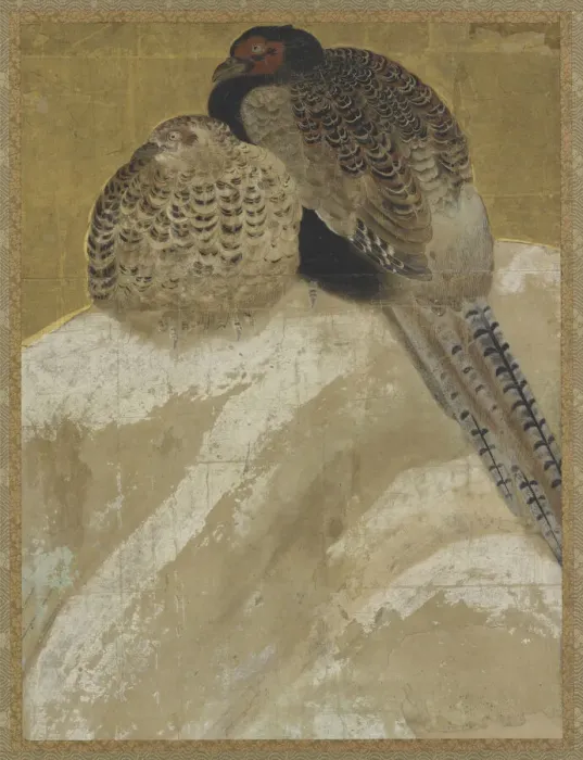 Framed Print : Two pheasants on a snow bank, Momoyama period, (18th century?). Creator: Unknown Framed Print : Two pheasants on a snow bank, Momoyama period, (18th century?). Creator: Unknown