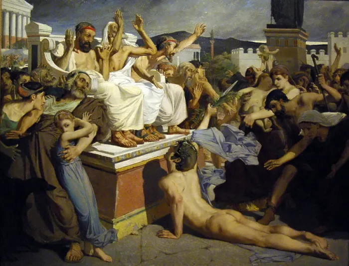 Framed Print : Pheidippides giving word of victory after the Battle of Marathon. Artist: Merson, Luc-Olivier (1846-1920) Framed Print : Pheidippides giving word of victory after the Battle of Marathon. Artist: Merson, Luc-Olivier (1846-1920)
