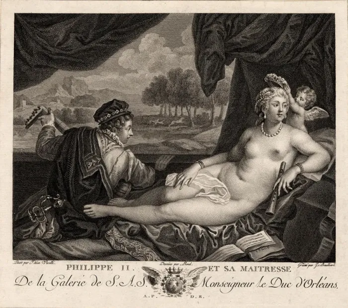 Framed Print : Philip II and his Mistress (after Titian), c. 1780. Artist: Bouillard, Jacques (1744-1806) Framed Print : Philip II and his Mistress (after Titian), c. 1780. Artist: Bouillard, Jacques (1744-1806)