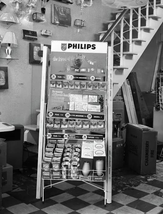 Framed Print : Philips point of sale stand for light bulbs, 1962. Artist: Michael Walters Framed Print : Philips point of sale stand for light bulbs, 1962. Artist: Michael Walters
