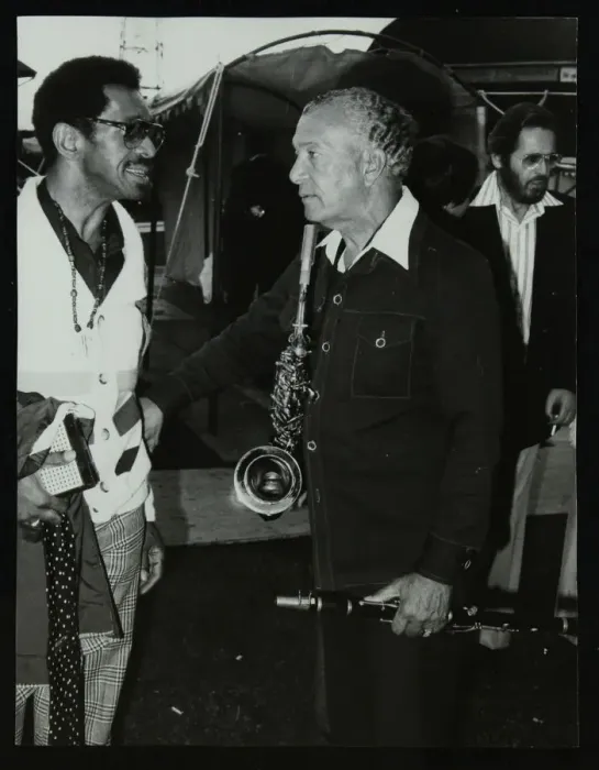 Framed Print : Philly Joe Jones and Earle Warren chatting at the Newport Jazz Festival, Middlesbrough, 1978 Framed Print : Philly Joe Jones and Earle Warren chatting at the Newport Jazz Festival, Middlesbrough, 1978