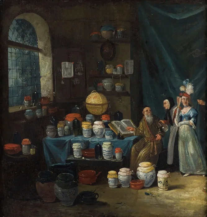Framed Print : A philosopher in his study, consulted by an old woman to determine from a flask of urine, 1680-1799. Creator: Egbert van Heemskerck I Framed Print : A philosopher in his study, consulted by an old woman to determine from a flask of urine, 1680-1799. Creator: Egbert van Heemskerck I