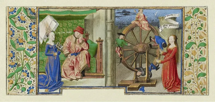 Framed Print : Philosophy Consoling Boethius and Fortune Turning the Wheel, about 1460-1470. Creator: Master of Coetivy