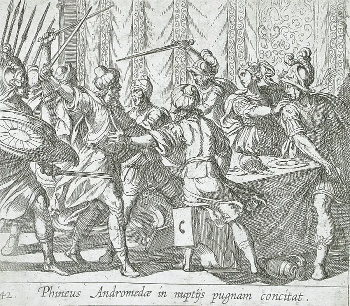 Framed Print : Phineus Attacking Perseus at the Wedding, published 1606. Creators: Antonio Tempesta, Wilhelm Janson Framed Print : Phineus Attacking Perseus at the Wedding, published 1606. Creators: Antonio Tempesta, Wilhelm Janson