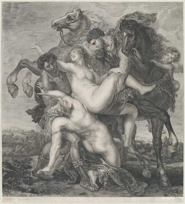 Framed Print : Phoebe and Hilaera, the daughters of Leucippus, being abducted by Castor and Pol... ca. 1750-1800. Creator: Anon Framed Print : Phoebe and Hilaera, the daughters of Leucippus, being abducted by Castor and Pol... ca. 1750-1800. Creator: Anon