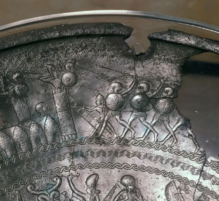 Framed Print : Detail of a Phoenician silver bowl showing soldiers attacking a city, 7th century BC Framed Print : Detail of a Phoenician silver bowl showing soldiers attacking a city, 7th century BC