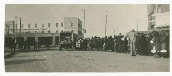 Framed Print : Photograph of people standing in a line on a street in Tulsa, Oklahoma, ca. 1920 Framed Print : Photograph of people standing in a line on a street in Tulsa, Oklahoma, ca. 1920