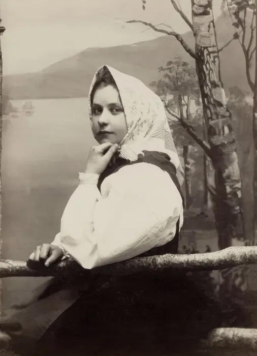 Framed Print : Photograph of a young girl in a white blouse and white headscarf, 1880-1890. Creator: Helene Edlund Framed Print : Photograph of a young girl in a white blouse and white headscarf, 1880-1890. Creator: Helene Edlund