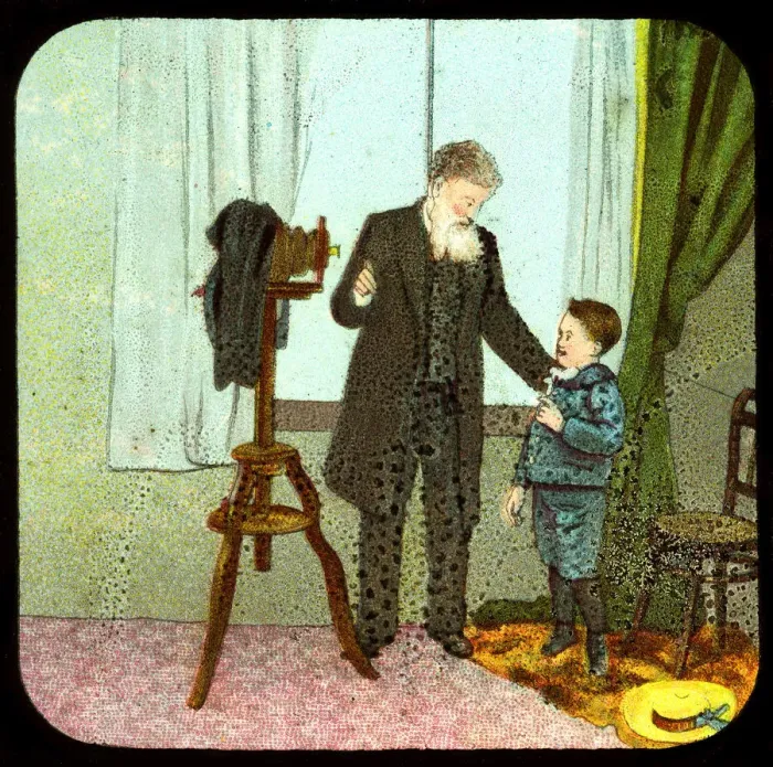 Framed Print : Photographer and child, c19th century Framed Print : Photographer and child, c19th century
