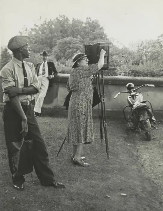 Framed Print : Photographer Frances Benjamin Johnston standing beside her view camera preparing to take... 1938. Creator: Unknown Framed Print : Photographer Frances Benjamin Johnston standing beside her view camera preparing to take... 1938. Creator: Unknown