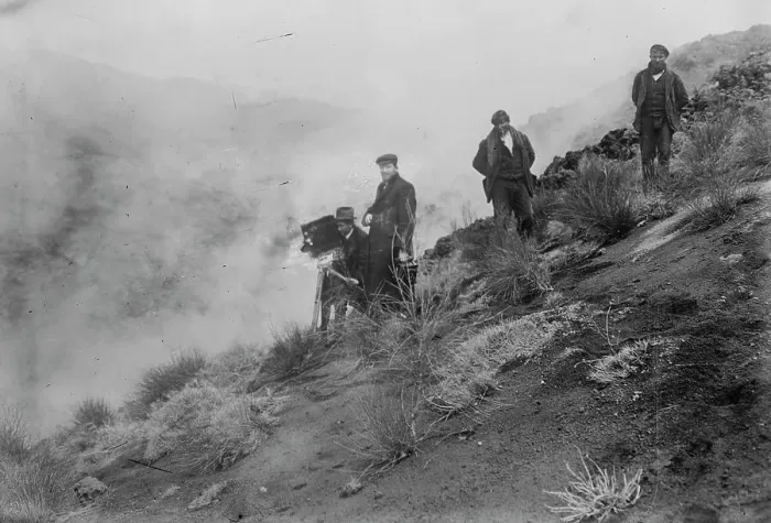 Framed Print : Photographers on hillside photographing Mt. Etna eruption, 1910. Creator: Bain News Service Framed Print : Photographers on hillside photographing Mt. Etna eruption, 1910. Creator: Bain News Service