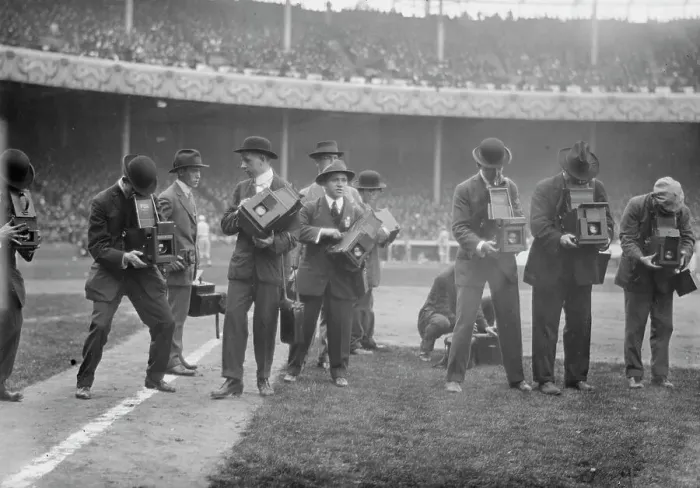 Framed Print : Photographers - Polo Grounds, 1914. Creator: Bain News Service Framed Print : Photographers - Polo Grounds, 1914. Creator: Bain News Service