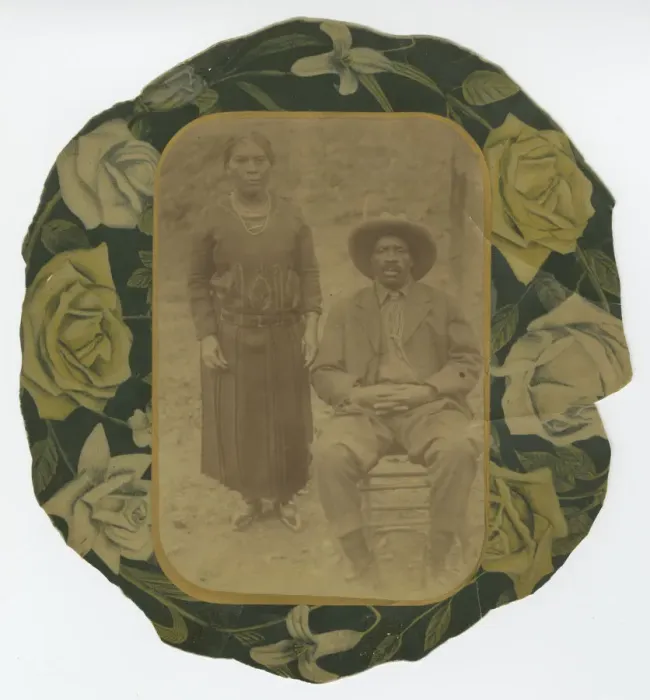 Framed Print : Photographic portrait of a man and woman on floral paper backing, early 20th century Framed Print : Photographic portrait of a man and woman on floral paper backing, early 20th century