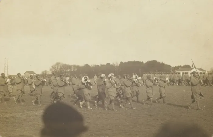 Framed Print : Photographic postcard of a military marching band, ca. 1917. Creator: Unknown Framed Print : Photographic postcard of a military marching band, ca. 1917. Creator: Unknown