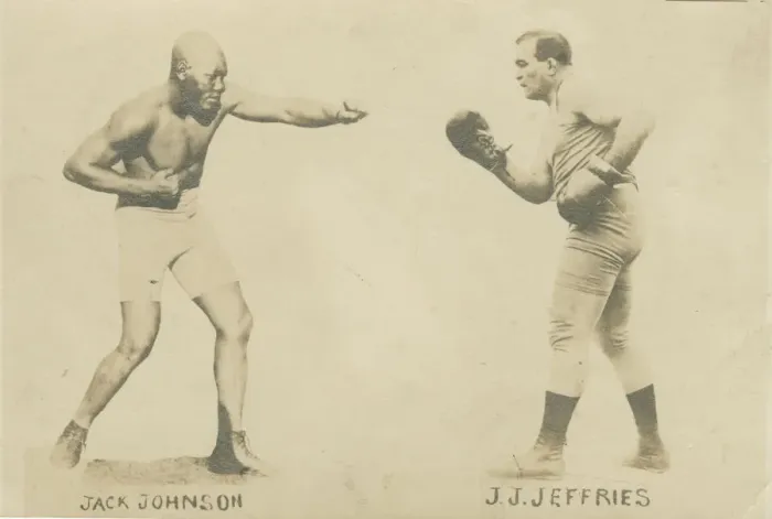 Framed Print : Photographic postcard with photos of Jack Johnson and James J. Jeffries, 1910 Framed Print : Photographic postcard with photos of Jack Johnson and James J. Jeffries, 1910