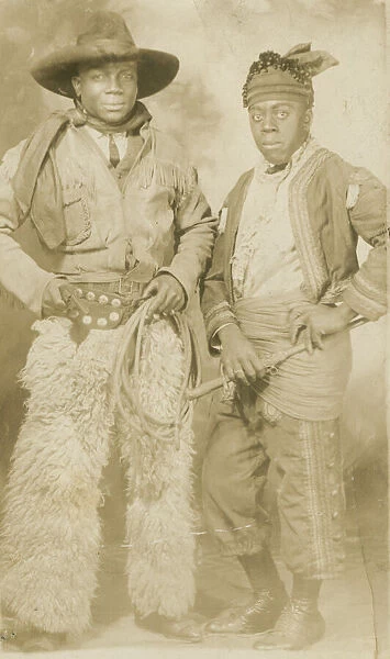 Photographic postcard portrait of two men in Western attire, early 20th century