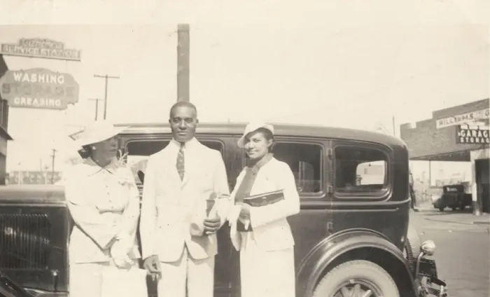 Framed Print : Photographic print of Mr. and Mrs. Jackson and another woman in front of car, 1926 Framed Print : Photographic print of Mr. and Mrs. Jackson and another woman in front of car, 1926