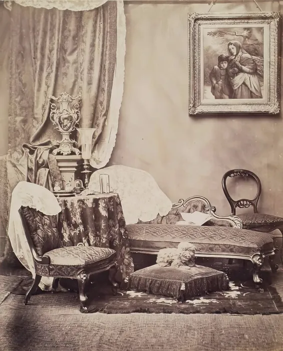 Framed Print : Photographic Studio Set or Drawing Room, from an album compiled by Sir John Everett Millais. Creator: Unknown Framed Print : Photographic Studio Set or Drawing Room, from an album compiled by Sir John Everett Millais. Creator: Unknown