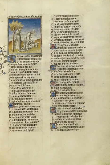 Framed Print : Phyllis Hanging Herself from a Tree and Medea Killing her Children; Roman de la Rose, about 1405. Creator: Unknown Framed Print : Phyllis Hanging Herself from a Tree and Medea Killing her Children; Roman de la Rose, about 1405. Creator: Unknown