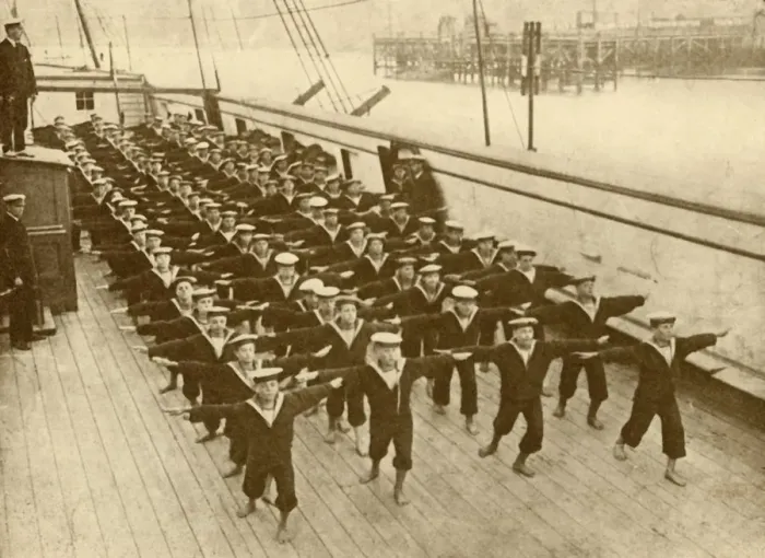 Framed Print : Physical Drill on the Arethusa. c1930. Creator: Unknown Framed Print : Physical Drill on the Arethusa. c1930. Creator: Unknown