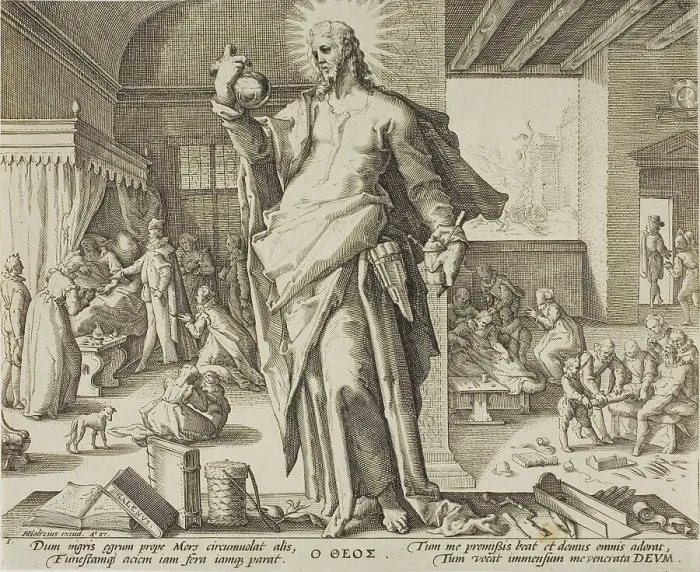 Framed Print : The Physician Considered as God, plate one from Allegories of the Medical Profession. 1587. Creator: Unknown Framed Print : The Physician Considered as God, plate one from Allegories of the Medical Profession. 1587. Creator: Unknown