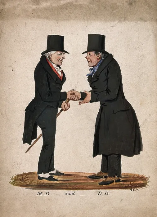 Framed Print : A physician and a divine shaking hands on meeting, 1830-1850. Creator: Stephen Jenner Framed Print : A physician and a divine shaking hands on meeting, 1830-1850. Creator: Stephen Jenner