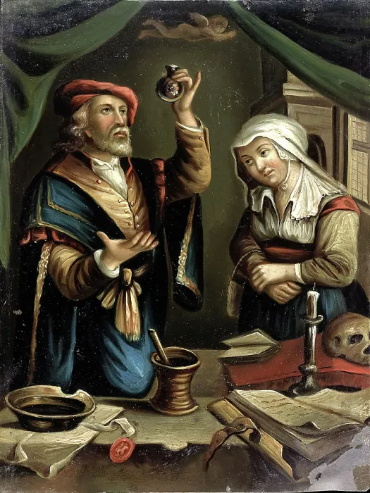 Framed Print : A physician examining a flask of urine brought by a young woman, c1670s. Creator: Unknown Framed Print : A physician examining a flask of urine brought by a young woman, c1670s. Creator: Unknown