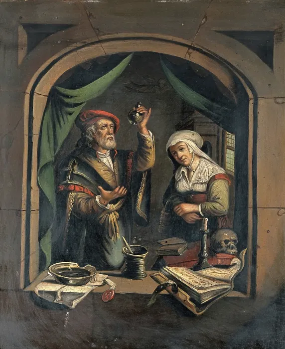 Framed Print : A physician examining a urine flask, c1650s. Creator: Unknown Framed Print : A physician examining a urine flask, c1650s. Creator: Unknown