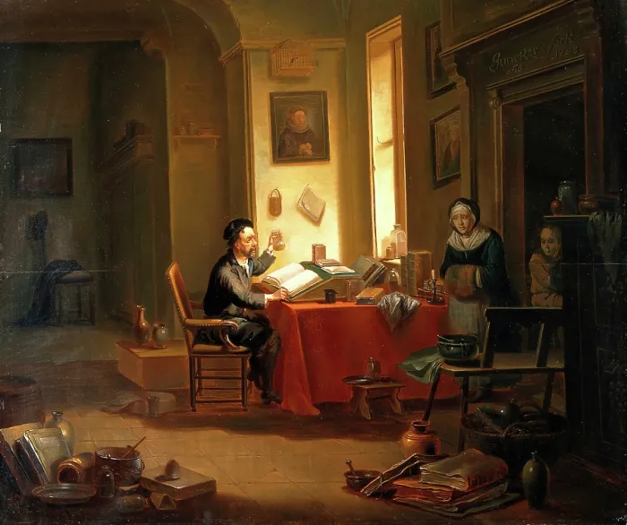 Framed Print : A physician examining a urine-flask, c1740s. Creator: Justus Juncker Framed Print : A physician examining a urine-flask, c1740s. Creator: Justus Juncker