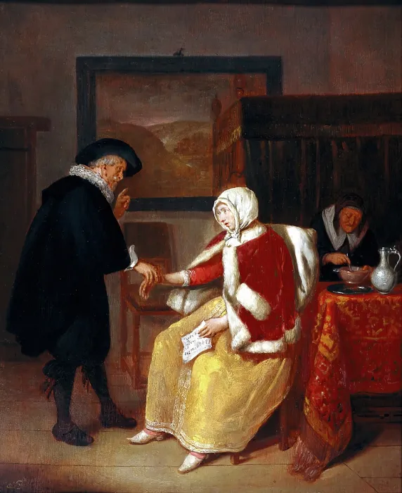 Framed Print : A physician taking the pulse of a young woman, while an old maid prepares gruel for her, c1660s. Creator: Gerritsz Quiringh van Brekelenkam Framed Print : A physician taking the pulse of a young woman, while an old maid prepares gruel for her, c1660s. Creator: Gerritsz Quiringh van Brekelenkam