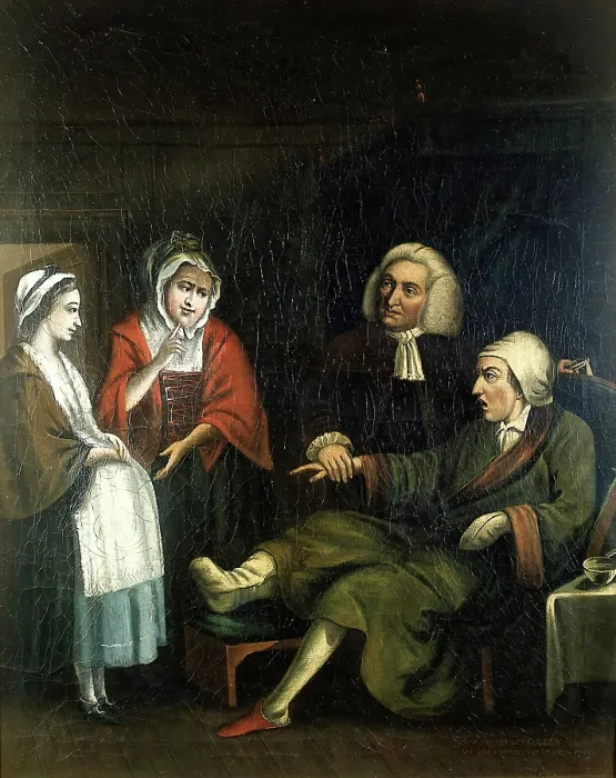 Framed Print : A physician (William Cullen?) taking the pulse of a gouty bachelor... c1770s. Creator: Unknown Framed Print : A physician (William Cullen?) taking the pulse of a gouty bachelor... c1770s. Creator: Unknown