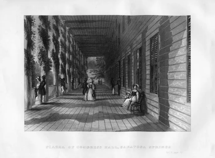 Framed Print : Piazza of Congress Hall, Saratoga Springs, New York State, 1855 Framed Print : Piazza of Congress Hall, Saratoga Springs, New York State, 1855