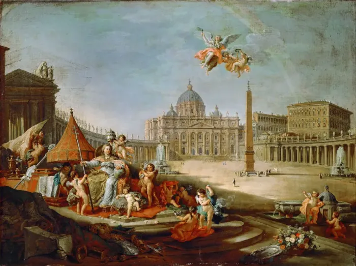 Framed Print : Piazza San Pietro, Rome with an allegory of the Triumph of the Papacy. Artist: Panini, Giovanni Paolo (1691-1765) Framed Print : Piazza San Pietro, Rome with an allegory of the Triumph of the Papacy. Artist: Panini, Giovanni Paolo (1691-1765)