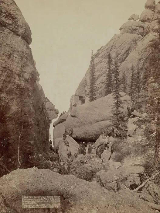 Framed Print : Our picnic party at Sunday Gulch Photographed between the walls of the grandest mountain... 1891. Creator: John C. H. Grabill Framed Print : Our picnic party at Sunday Gulch Photographed between the walls of the grandest mountain... 1891. Creator: John C. H. Grabill